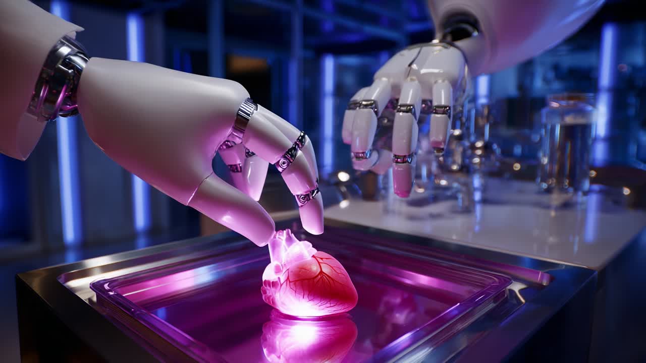 A Futuristic Display of Robotic Precision in Medicine: A Close-Up of Robotic Hands Interacting with a Synthetic Heart on a Vibrant Illuminated Surface in a High-Tech Laboratory Setting