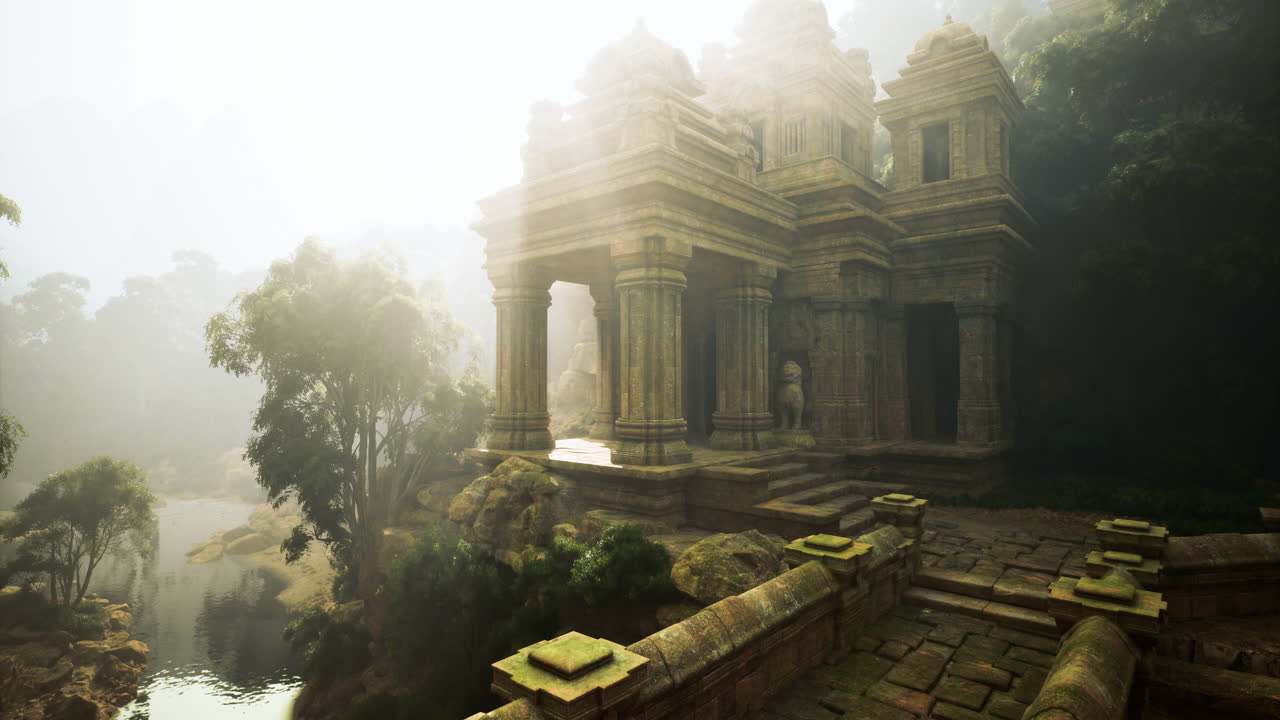 Ancient temple surrounded by misty forest landscape at dawn