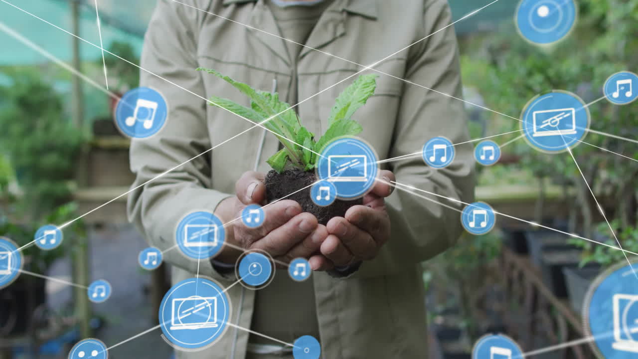 Holding plant, person surrounded by music and technology network animation