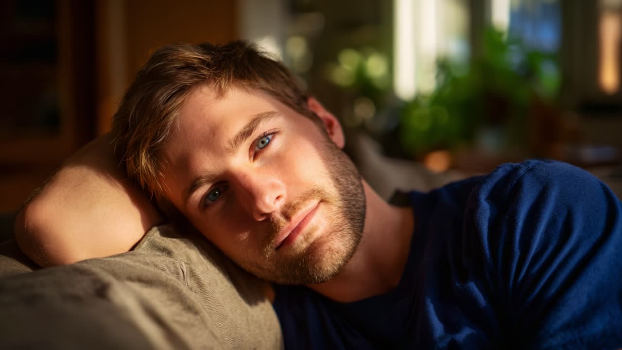 Un joven con una camisa azul se relaja en un sofá, bañado por una cálida luz natural, transmitiendo calma y satisfacción mientras disfruta de un momento de reflexión pacífica.