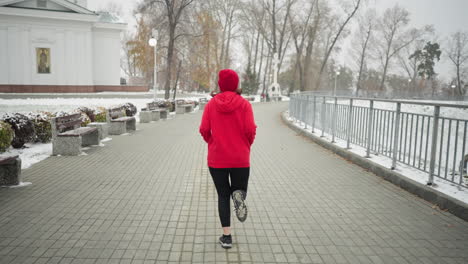 back view of freelancer jogging along snowy pathway near iron railing and benches in serene winter park setting surrounded by trees, snow-covered bushes, historic building, and calm atmosphere