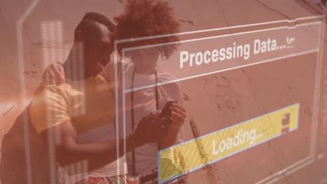 animation of data processing on screen over man and woman using smartphone
