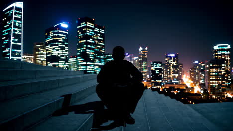 silhouette of a man sitting on stairs at night in a city