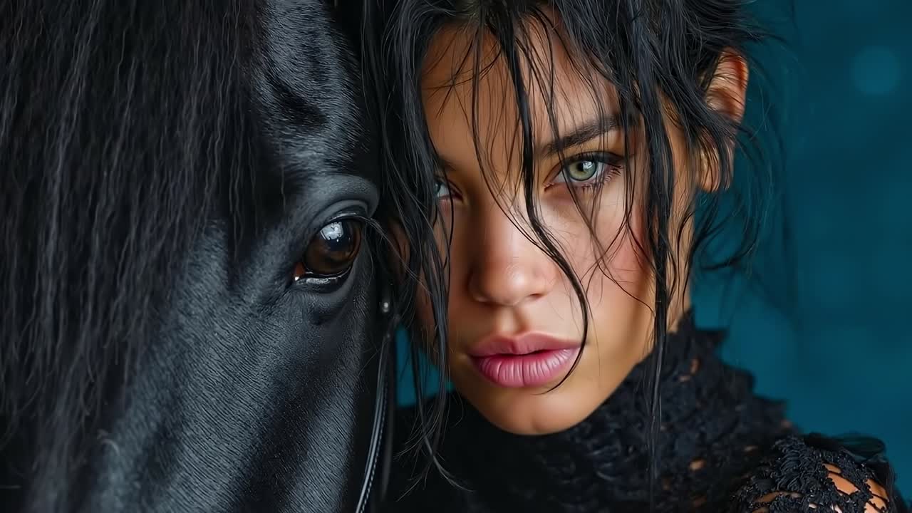 A woman with a black horse in front of her face