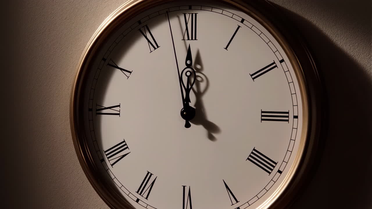 Close-up of a Classic Wall Clock with Roman Numerals Approaching Twelve