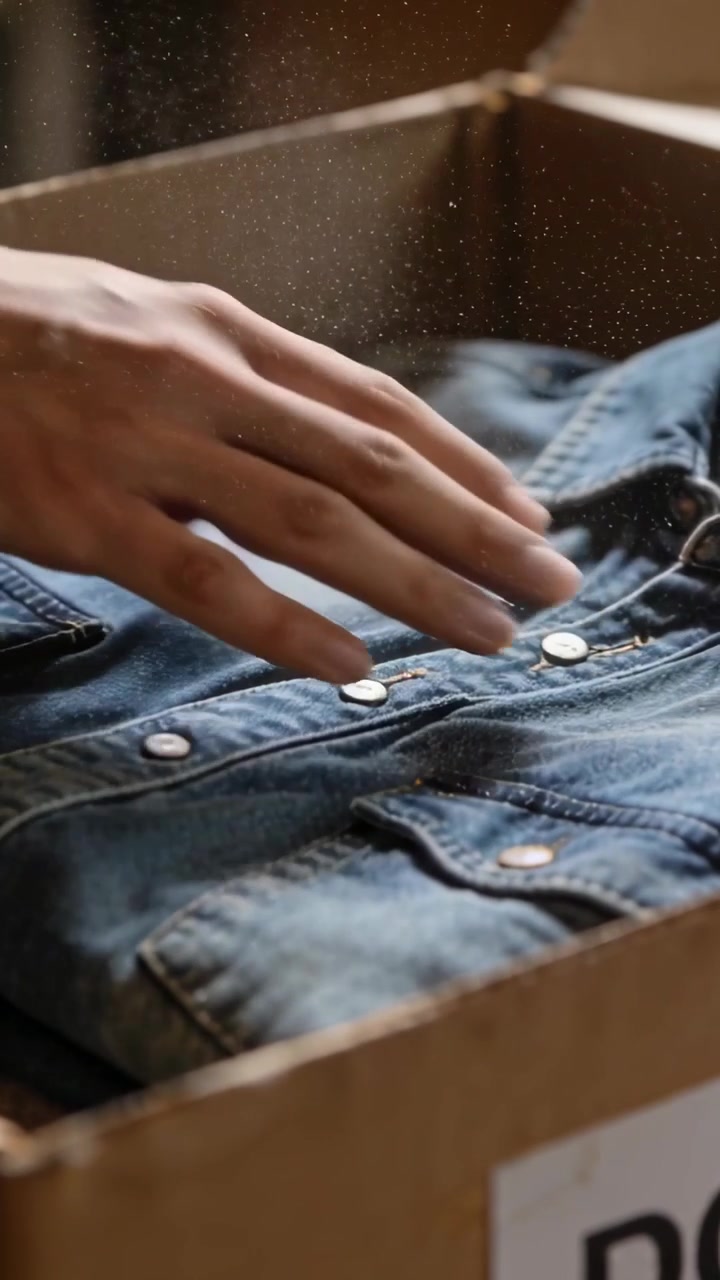 Vertical video: Entering bare right hand smoothing denim shirt in cardboard box, checking lint