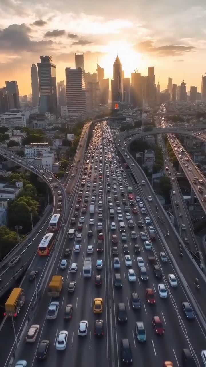 Video aereo che cattura una vivace autostrada cittadina al tramonto, mettendo in mostra la vita urbana e il traffico