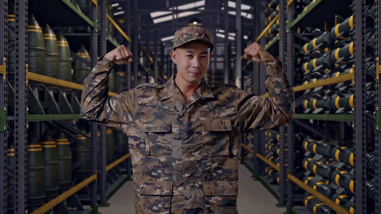 Asian Man Soldier Smiling And Flexing His Bicep While Standing In Military Ammunition Warehouse