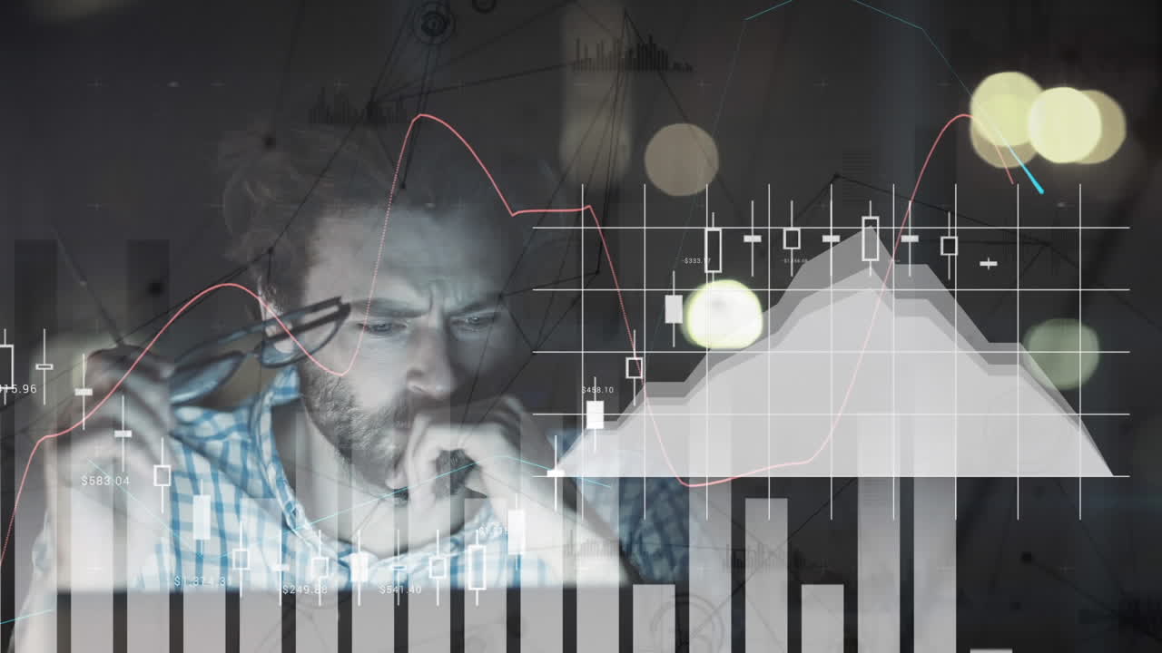 주식 가격과 그래픽으로 둘러싸인 사람의 구성