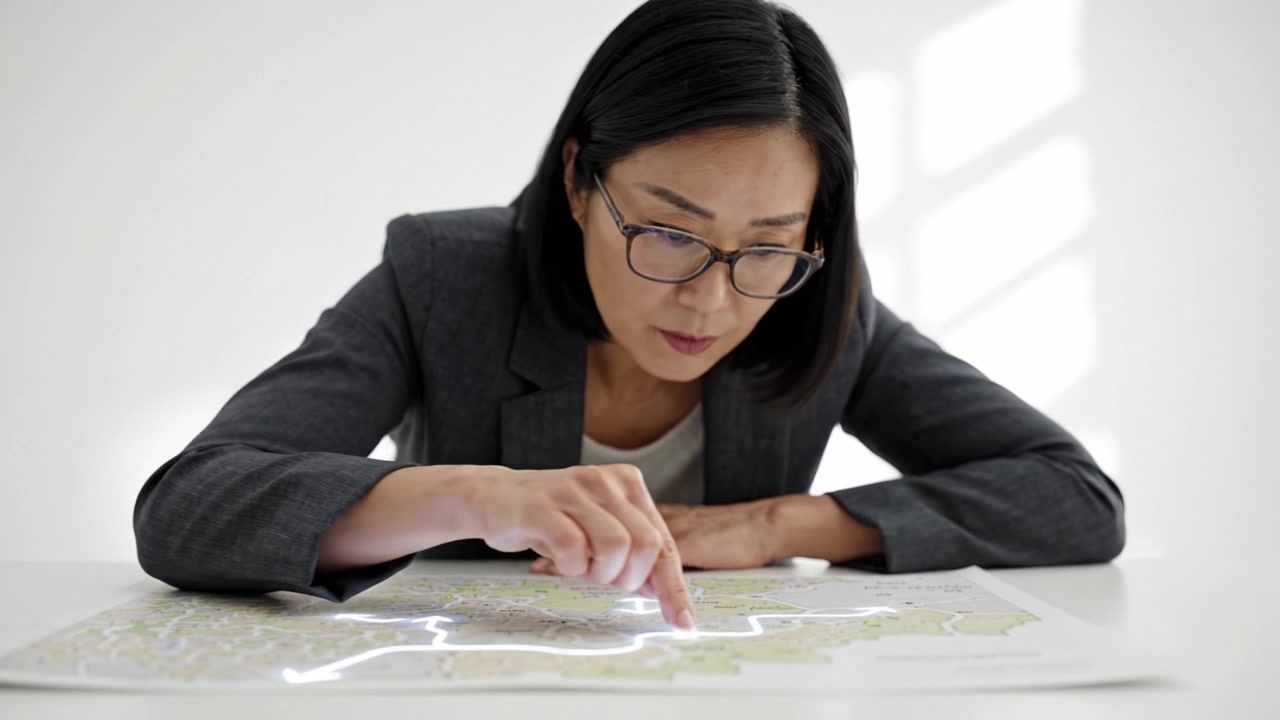 テーブルで詳細な地図を分析する集中した女性。計画と戦略に熱心に取り組み、細部にまでこだわり、理解を深めるための明確な視覚資料を活用しています。
