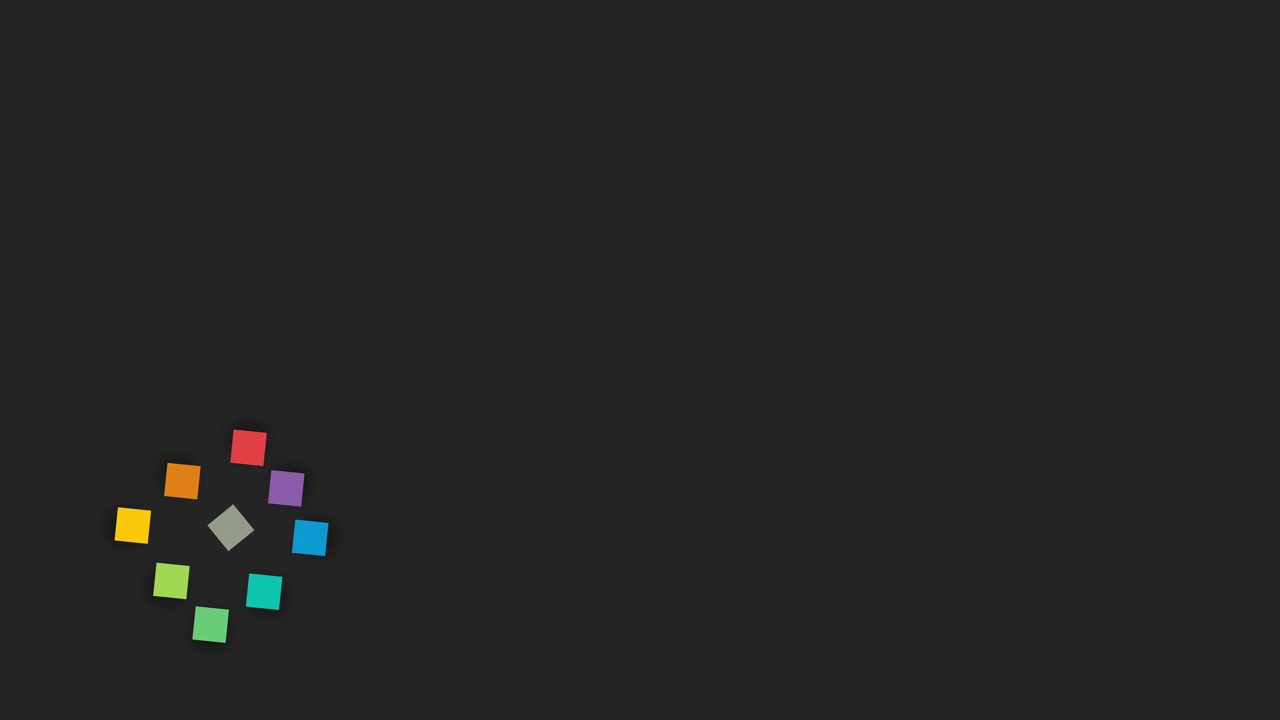 Perfect 10-second seamless loop of a 3x3 grid of colorful squares. Squares slowly fly apart, rotate, and return to form a perfect block on a black background. Ideal modular background for tech, data.