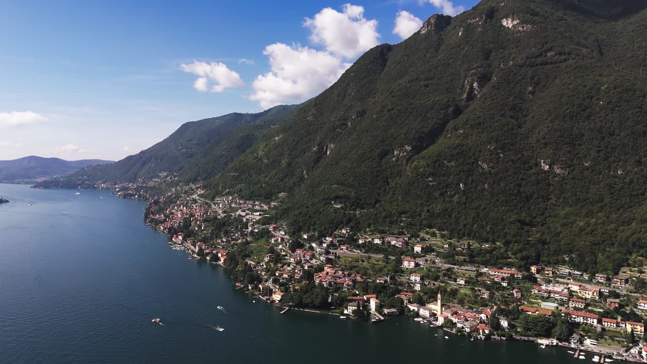 Drone view of mountain and Lake Como, Laglio province