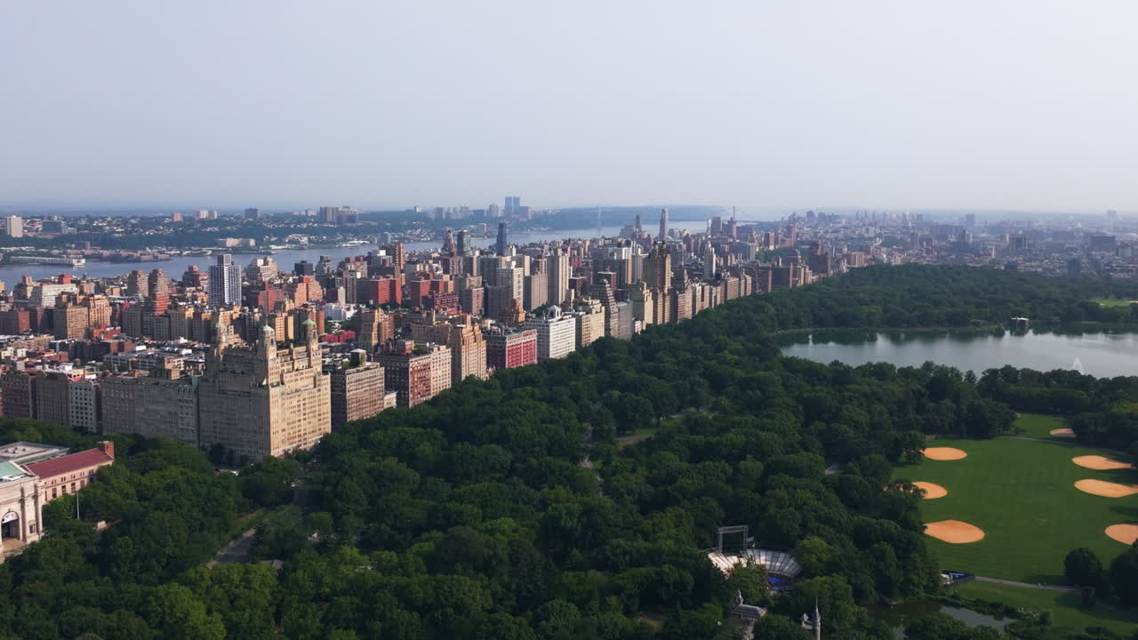 Panoramic drone shot of the Central park and the Upper East Side, sunrise in NY