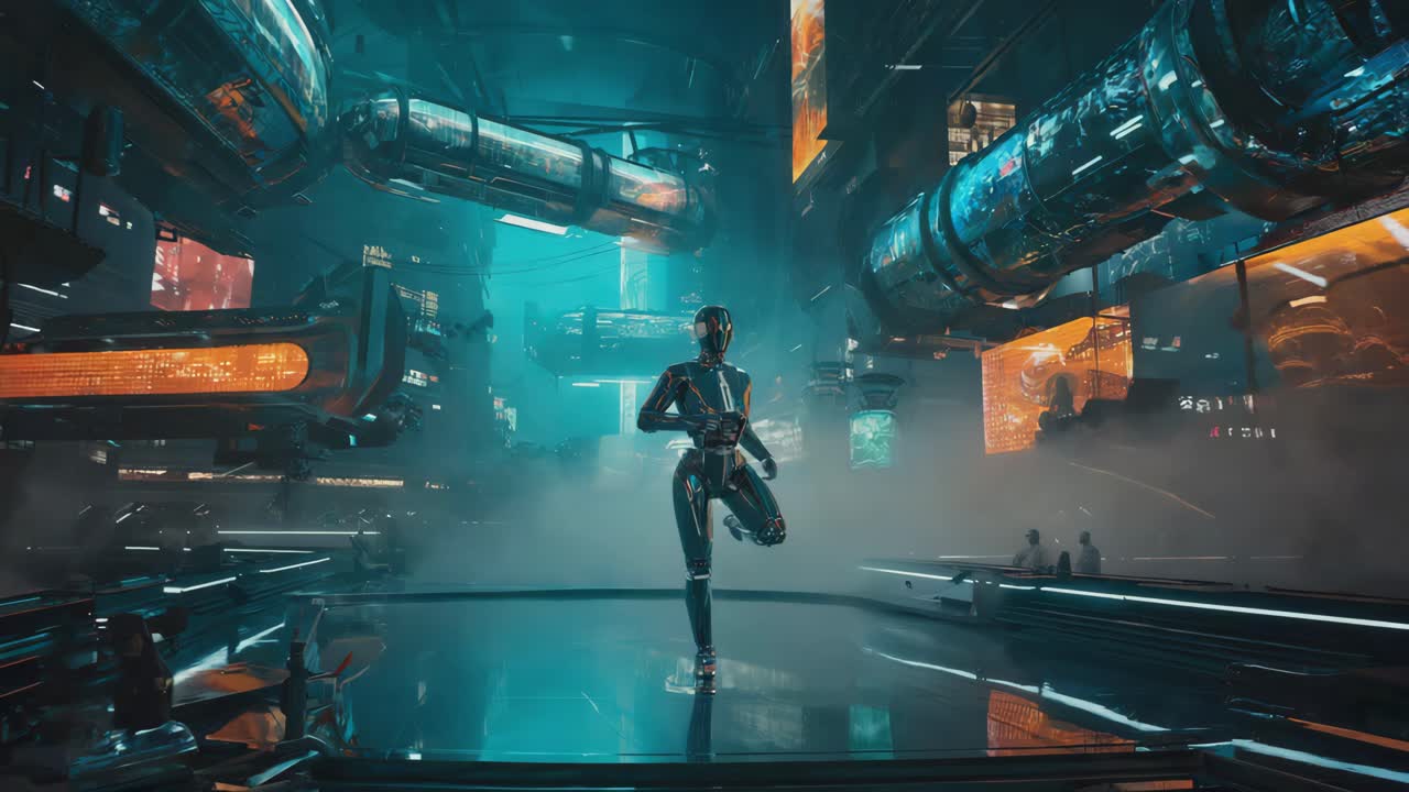 A Futuristic Robot in a Cyberpunk Cityscape