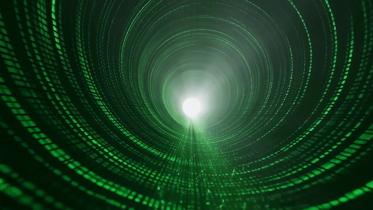 Symmetrical close-up of concentric circular tunnel with dense green pixel grid in lower foreground and intense white-green point light at center producing
