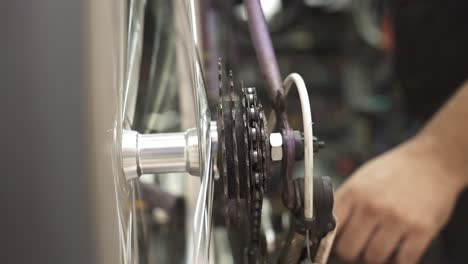 a bicycle mechanic adjusting the rear derailleur for gear shifting