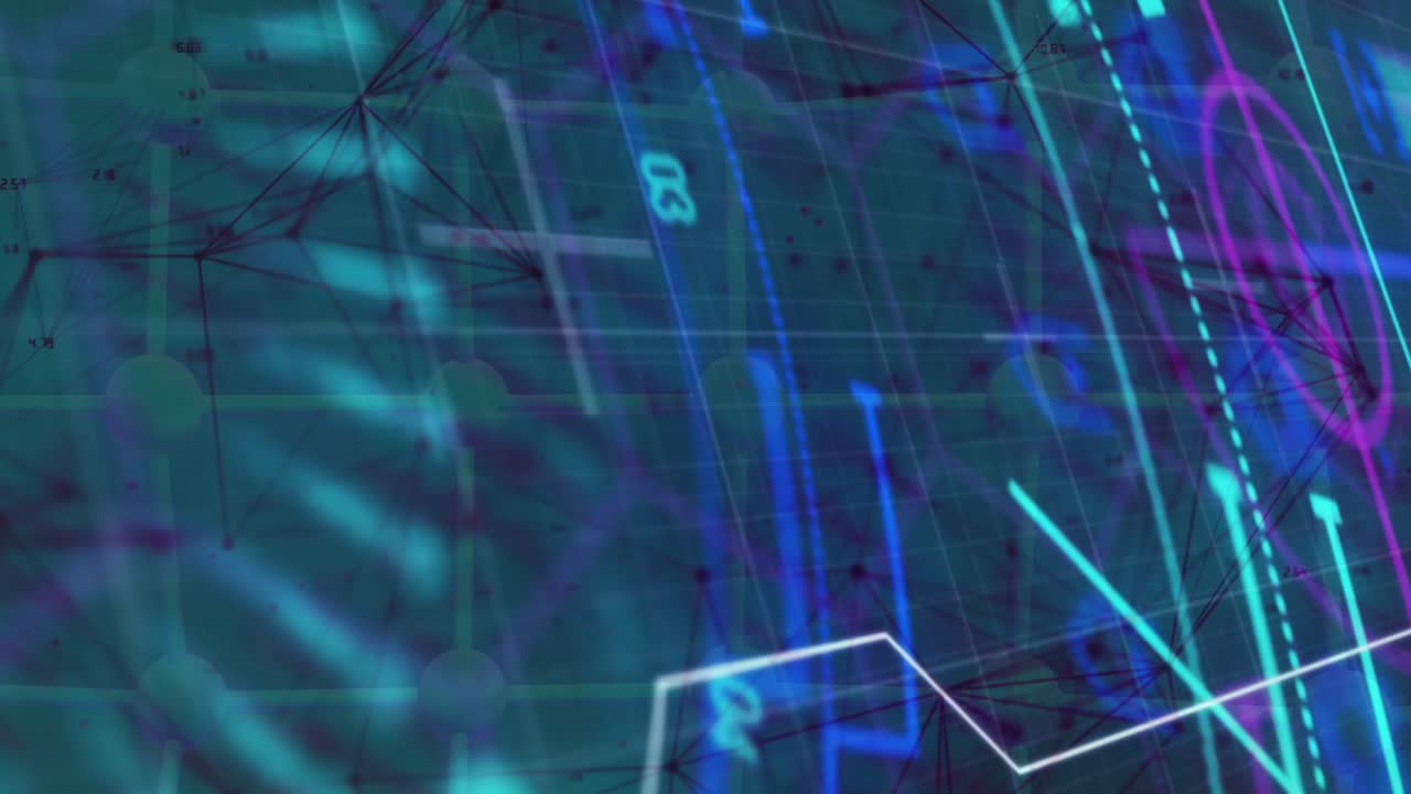 On start bars sliding diagonally and nodes emerging while network arcs rotating showing data flow