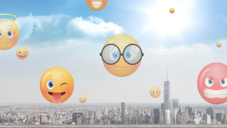 animation of emoji icons flying up over cityscape with sunshine