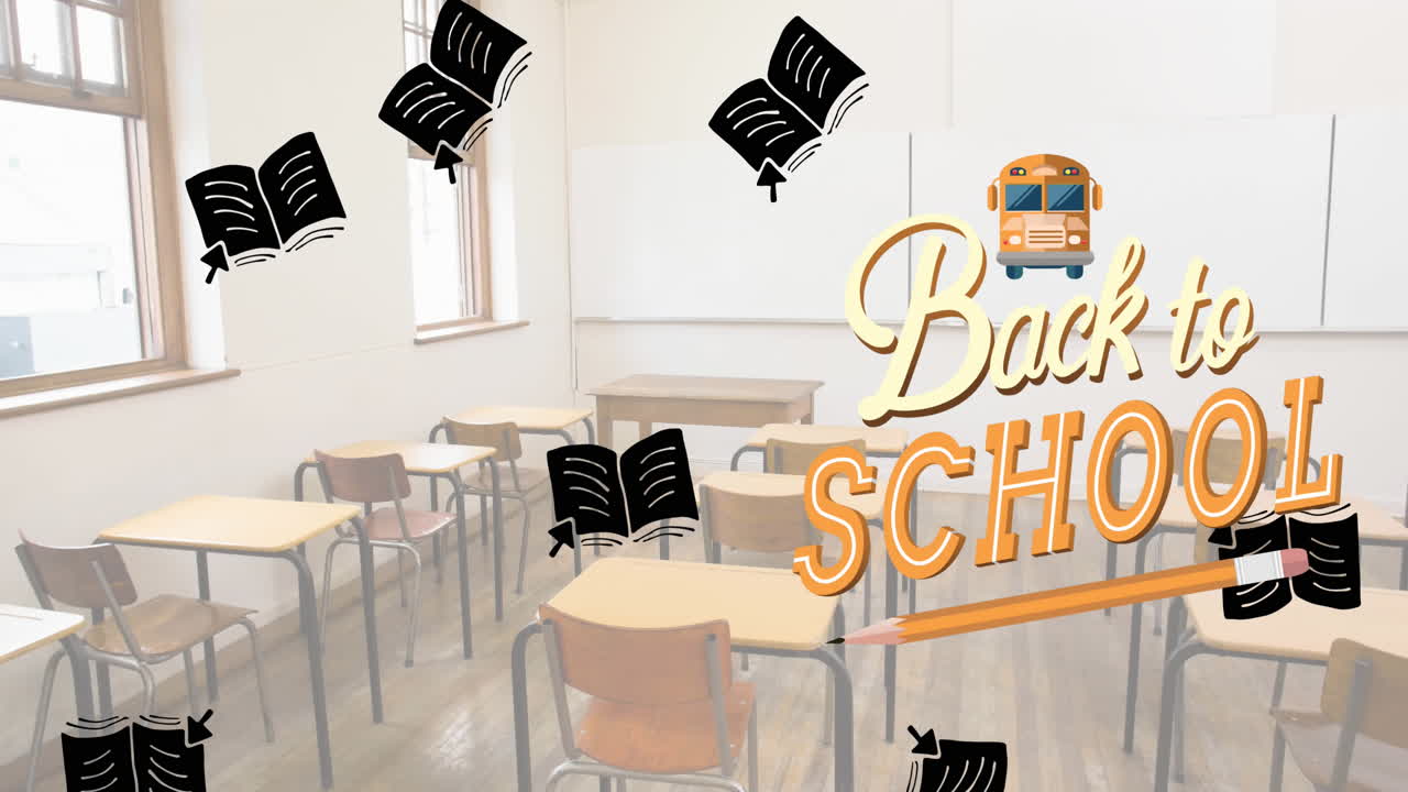 빈 교실 위에 학교 텍스트와 학교 아이템 아이콘의 애니메이션