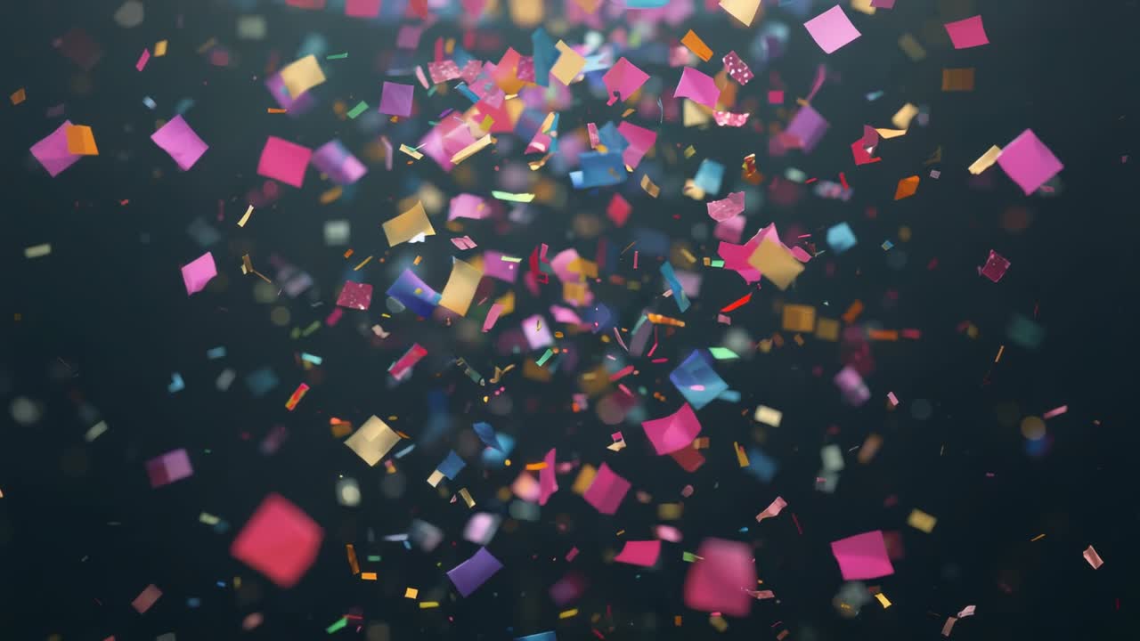 Bursting rainbow confetti sending outward, drifting, descending toward bottom, dark studio backdrop