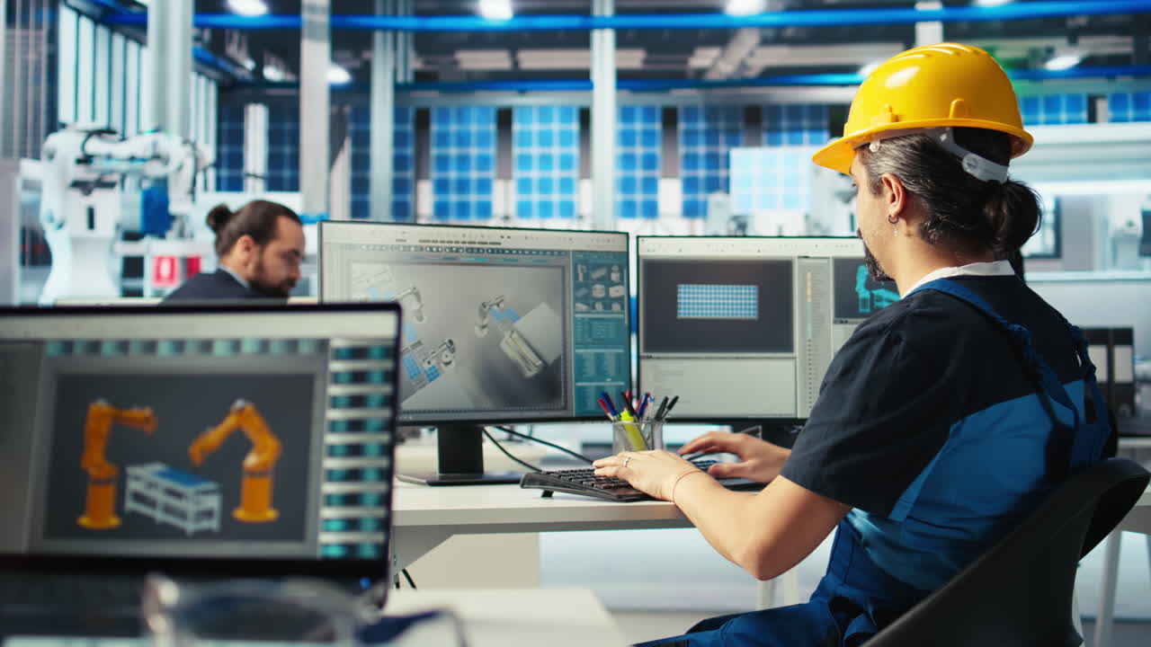 il tecnico dell'impianto di produzione di pannelli solari utilizza il programma cad per ottimizzare i layout