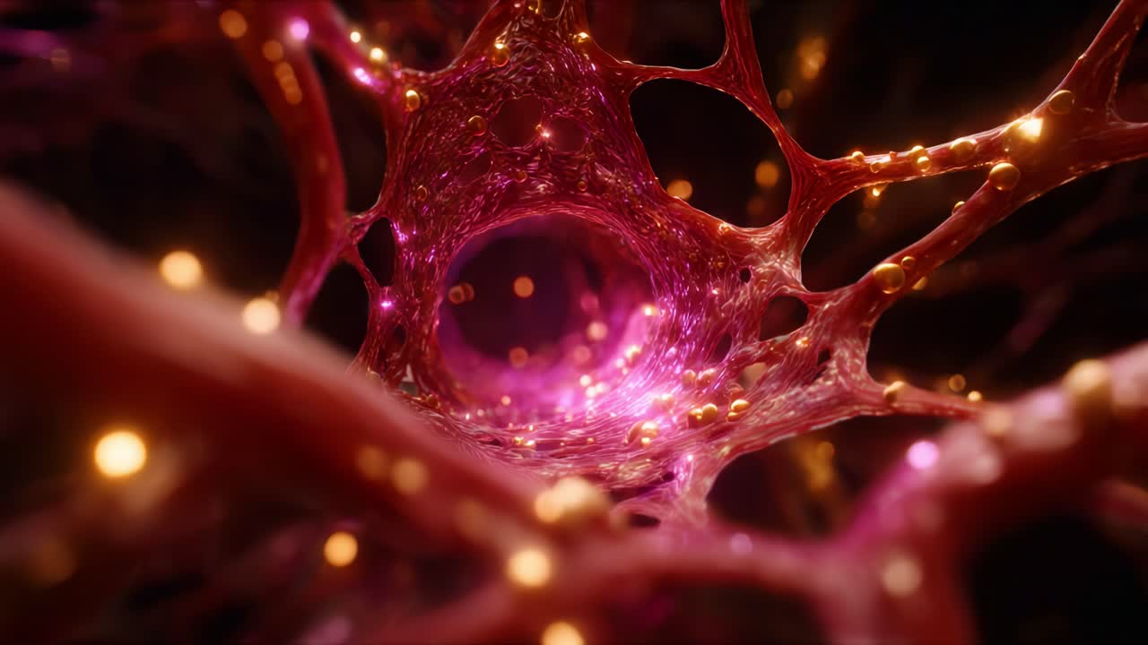 A Close-Up View of Intricate Neuronal Networks Illuminated by Pulsating Lights, Revealing the Complex Structure and Functionality of Cellular Communication