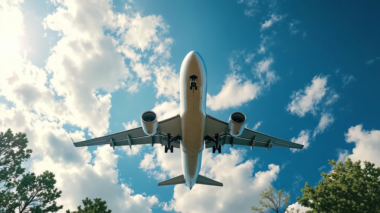 Large passenger airplane landing at the airport, gliding through a cloudy sky, creating a stunning scene of air travel and adventure