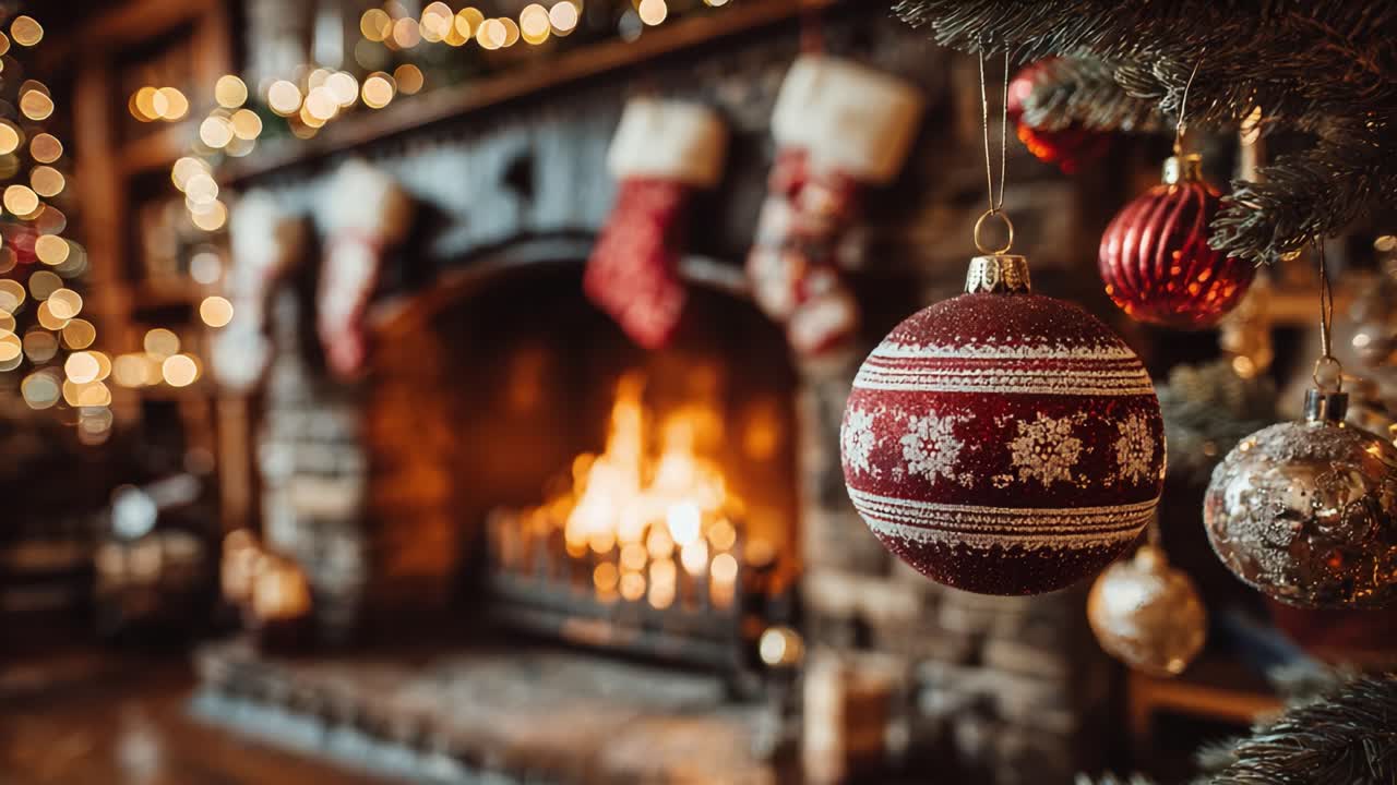 A Cozy Christmas Scene Featuring a Beautifully Decorated Fireplace with Sparkling Ornaments, Stockings Hung with Care, and a Warm Fire Illuminating the Festive Atmosphere