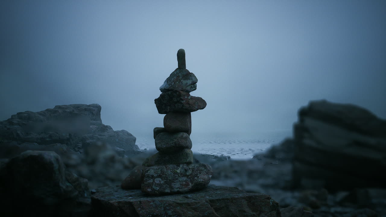 Stacked stones on a rugged coastline during a foggy evening