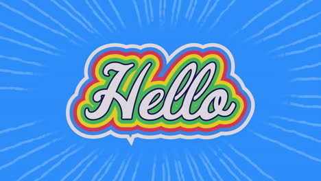 animation of rainbow hello text over blue pattern background