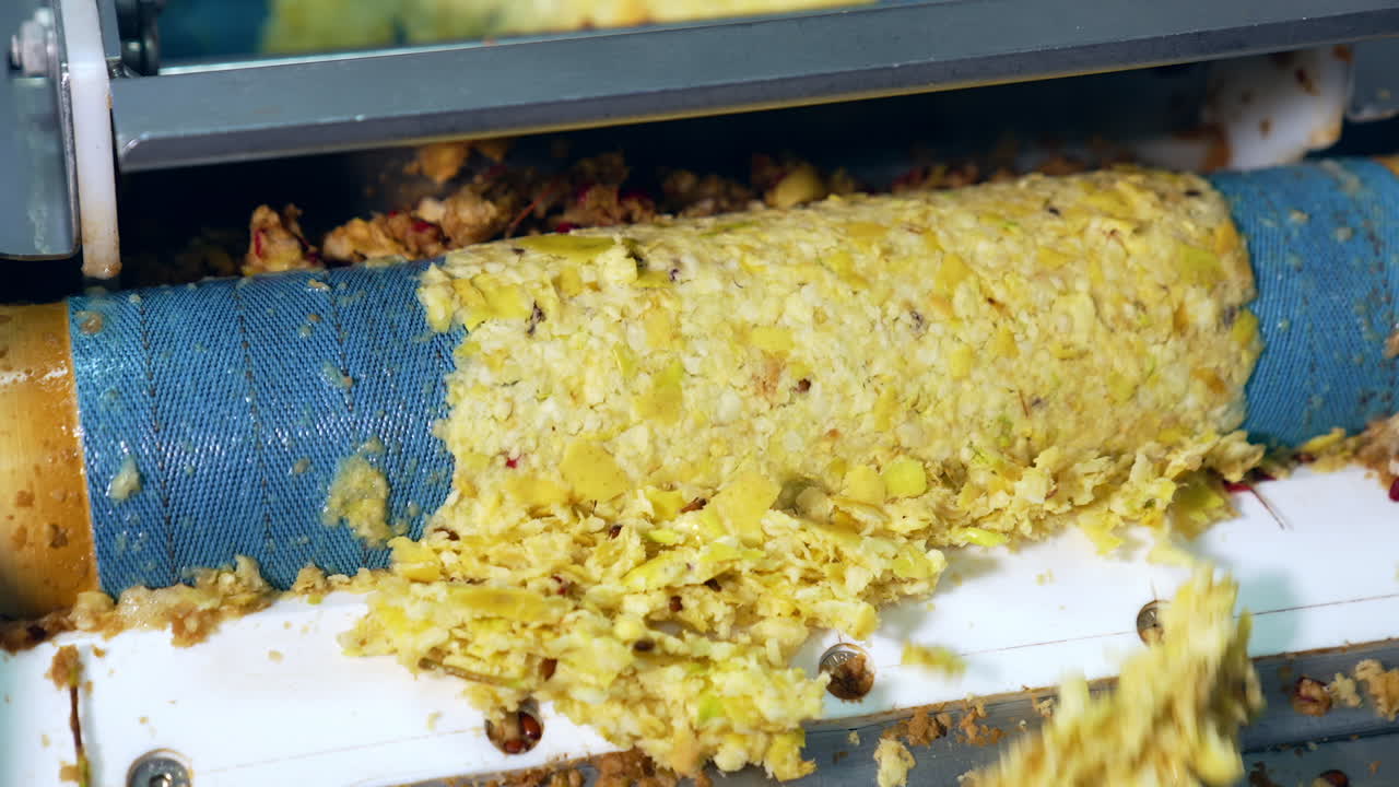 Freshly squeezed apples pushed by the shaft of machine. Crushed fruit ready to be squeezed forgetting organic juice. Close up.