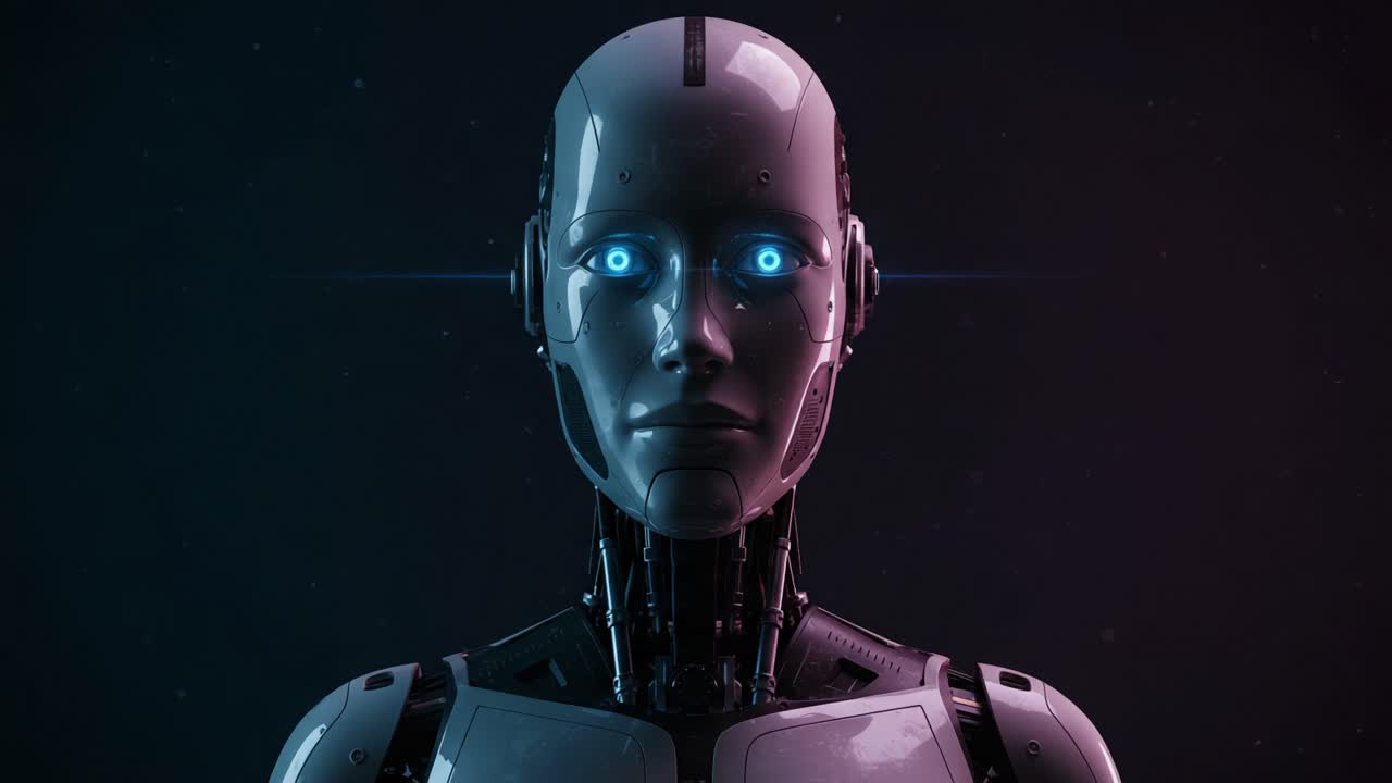 A Futuristic Robot with Illuminated Eyes: A Close-Up Study of Advanced Robotics and AI Technology in a Dark, Ethereal Environment