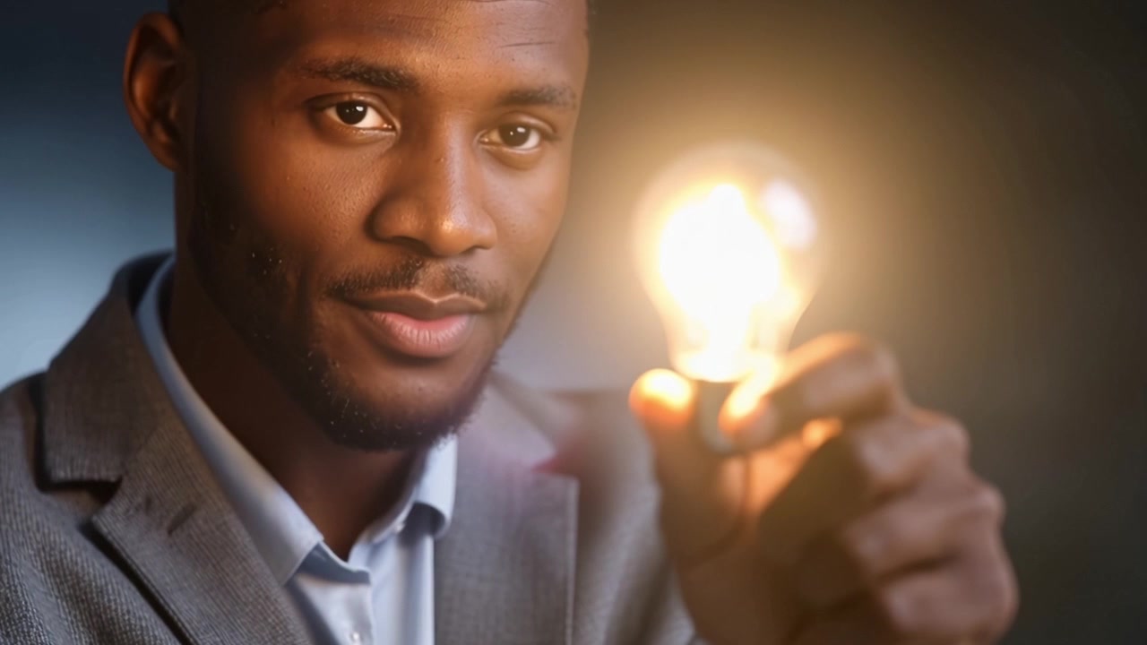 A confident individual holds a glowing light bulb, symbolizing innovation and bright ideas against a softly blurred dark background, with focus on illumination.