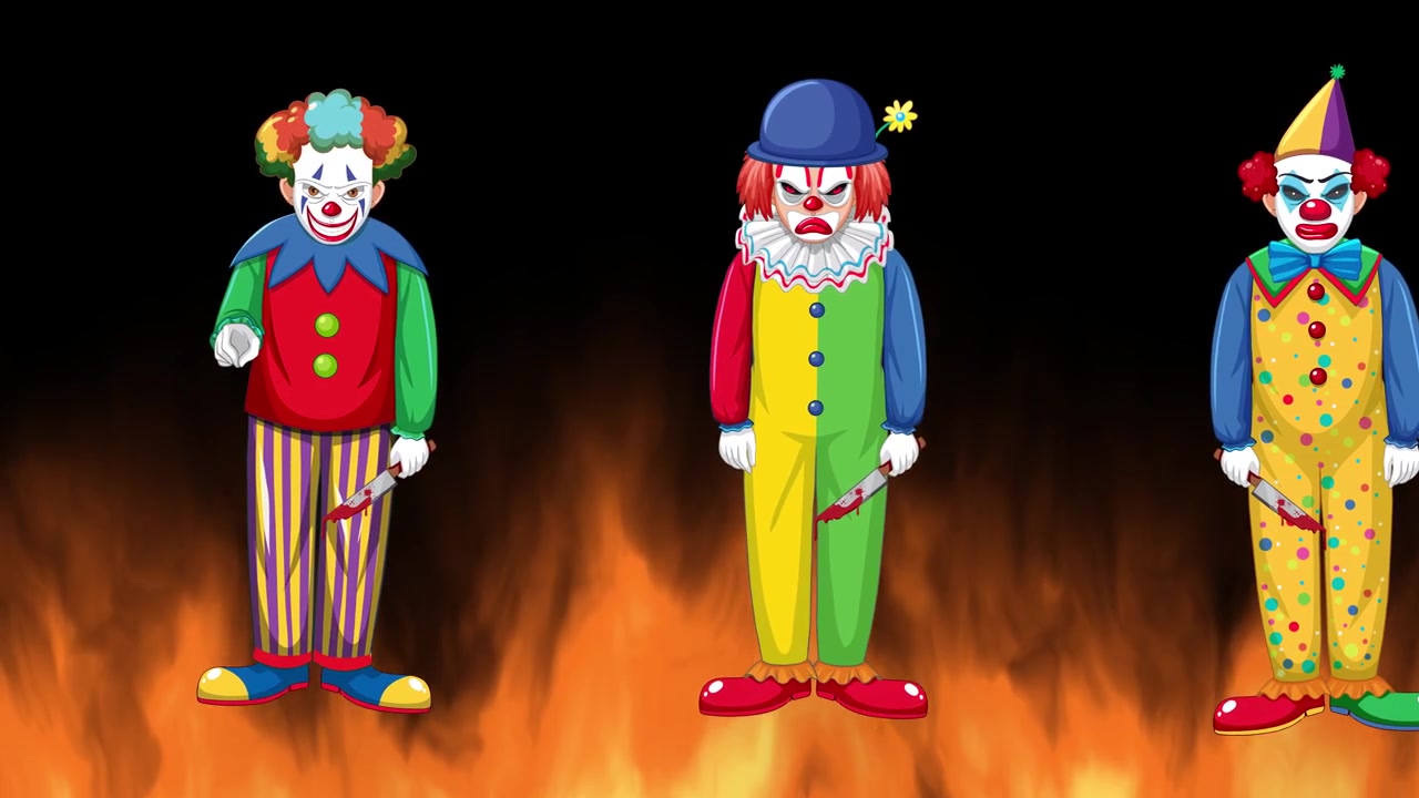 Spaventosi clown dei cartoni animati con coltelli si trovano davanti a fiamme realistiche su sfondo nero