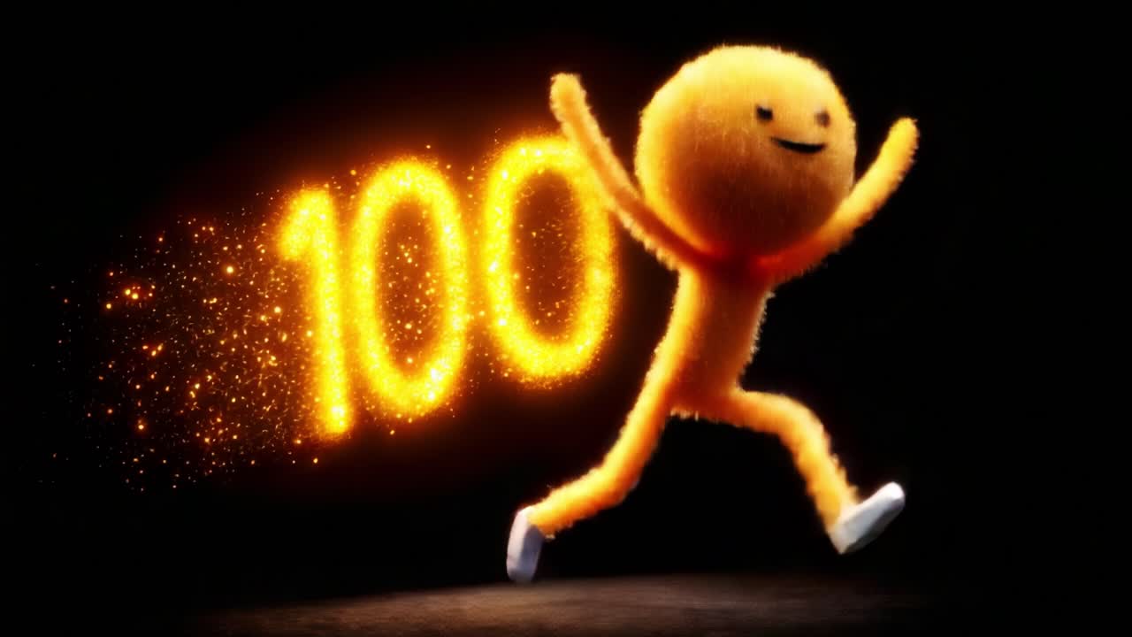 A Cheerful Animated Character Celebrates Achievement with Sparkling '100' Display, Radiating Joy and Excitement in a Vibrant Scene of Celebration and Accomplishment
