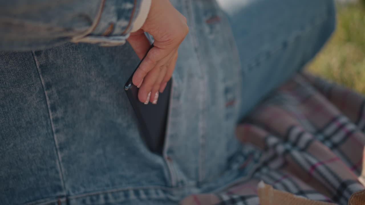 Casual denim pocket. Closeup of hand in pocket. Relaxed scene with denim jacket and grass. Casual outdoor setting featuring denim jacket pocket and grassy environment with soft sunlight