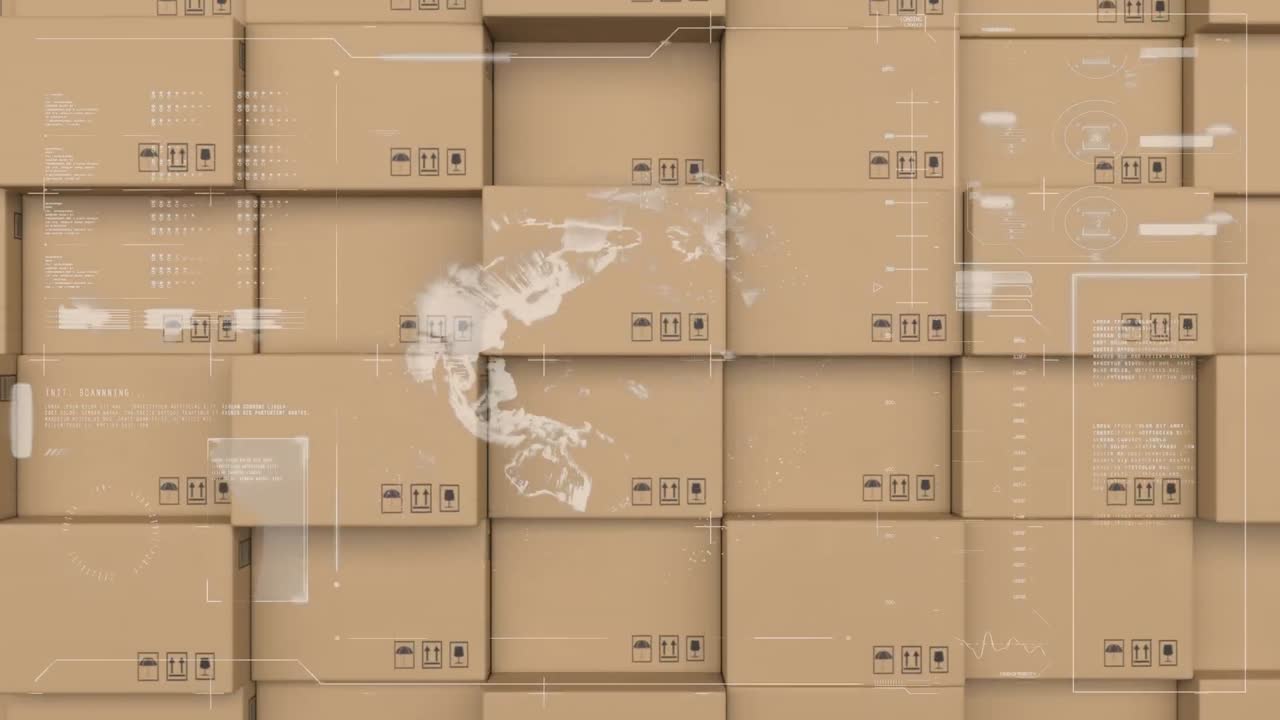 анимация глобуса и статистики над картонными коробками в фоновом режиме