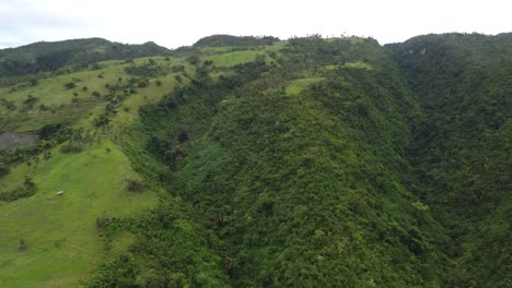 flying over tropical nature landscape of overgrown lush green hills and ravines on cebu island