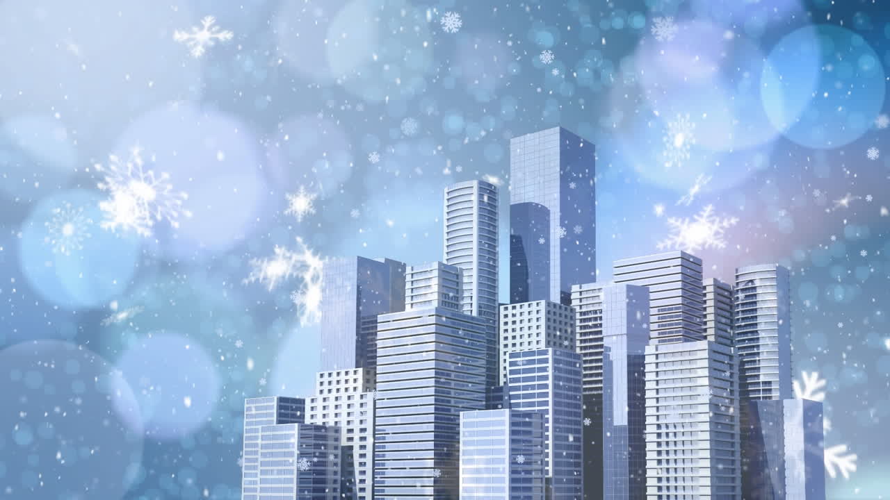 animación de copos de nieve blancos de navidad cayendo sobre luces azules y paisaje urbano moderno.