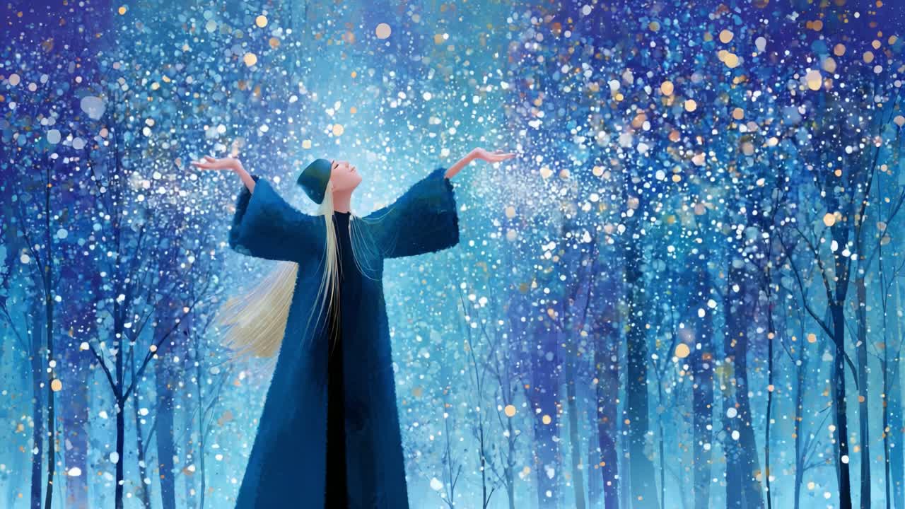 A Mystical Winter Scene: An Enchanting Figure in a Flowing Blue Cloak, Embracing Cascading Snowflakes Beneath a Twinkling Starry Sky in a Magical Forest Setting