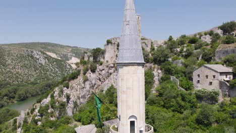 Počitelj&#039;s Cliffside Mosque detail and Fort, Bosnia Herzegovina Aerial
