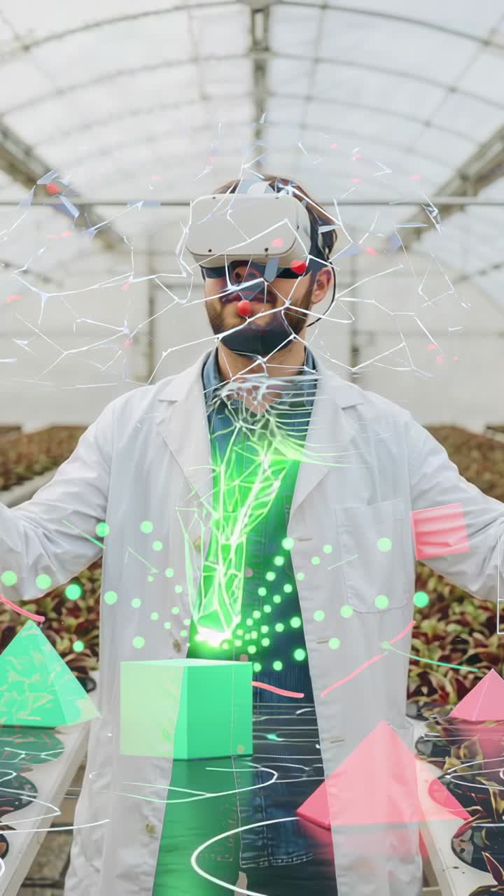 Vertical video: Gesturing scientist wearing VR headset generating hologram in greenhouse with cubes