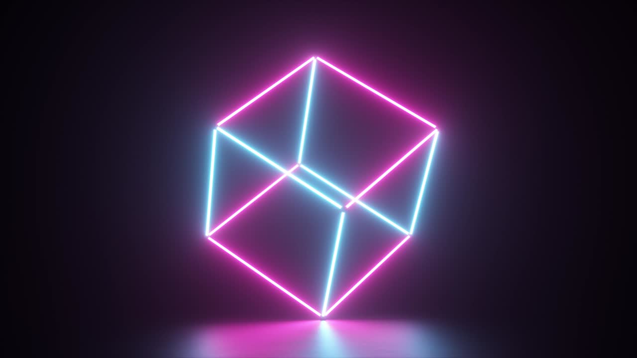 큐브를 만드는 추상적인 반이는 네온 선, 파란 보라색 스트럼, 형광 자외선, 현대적인 다채로운 조명, 4k 원활한 루프 cg 애니메이션