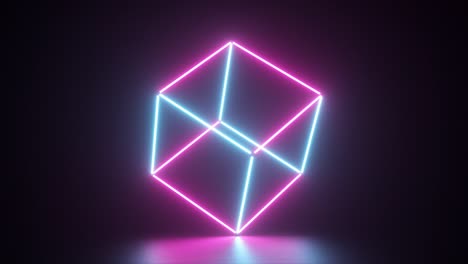 líneas de neón brillantes abstractas que crean un cubo, espectro violeta azul, luz ultravioleta fluorescente, iluminación moderna de colores, animación cg de bucle sin costuras de 4k