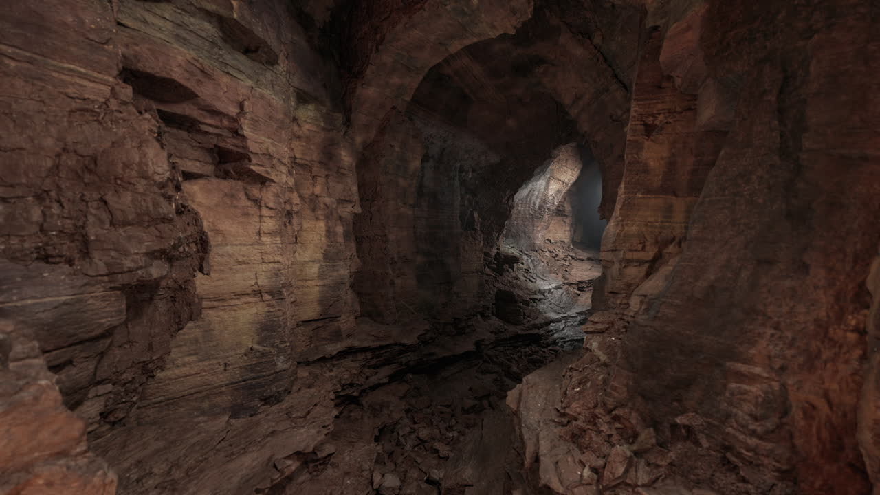 Esplorare il robusto interno di una grotta con suggestive formazioni rocciose al crepuscolo