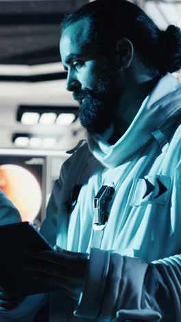 vertical video astronaut getting mission briefing from leader before leaving space station