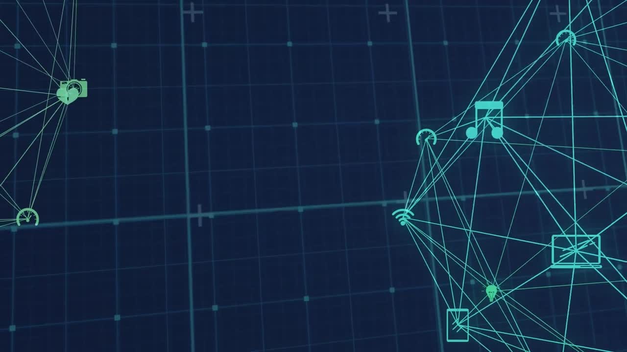 Animation of network of connections with icons globes and grid