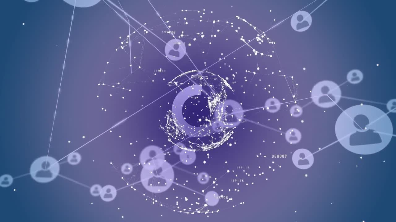 파란색 배경에 아이콘과 모양을 가진 연결 네트워크의 애니메이션