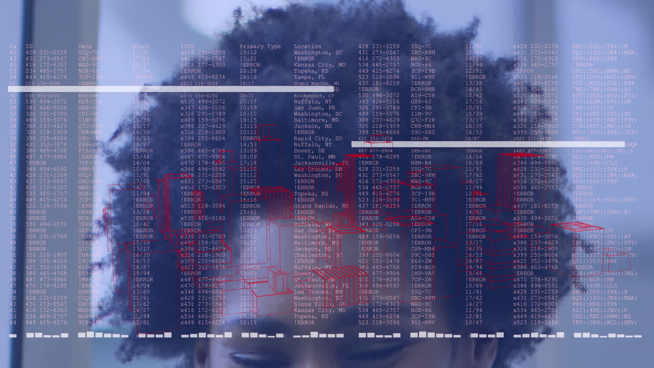 animación de procesamiento de datos y modelo de ciudad 3d sobre mujer afroamericana con cabello afro en la oficina