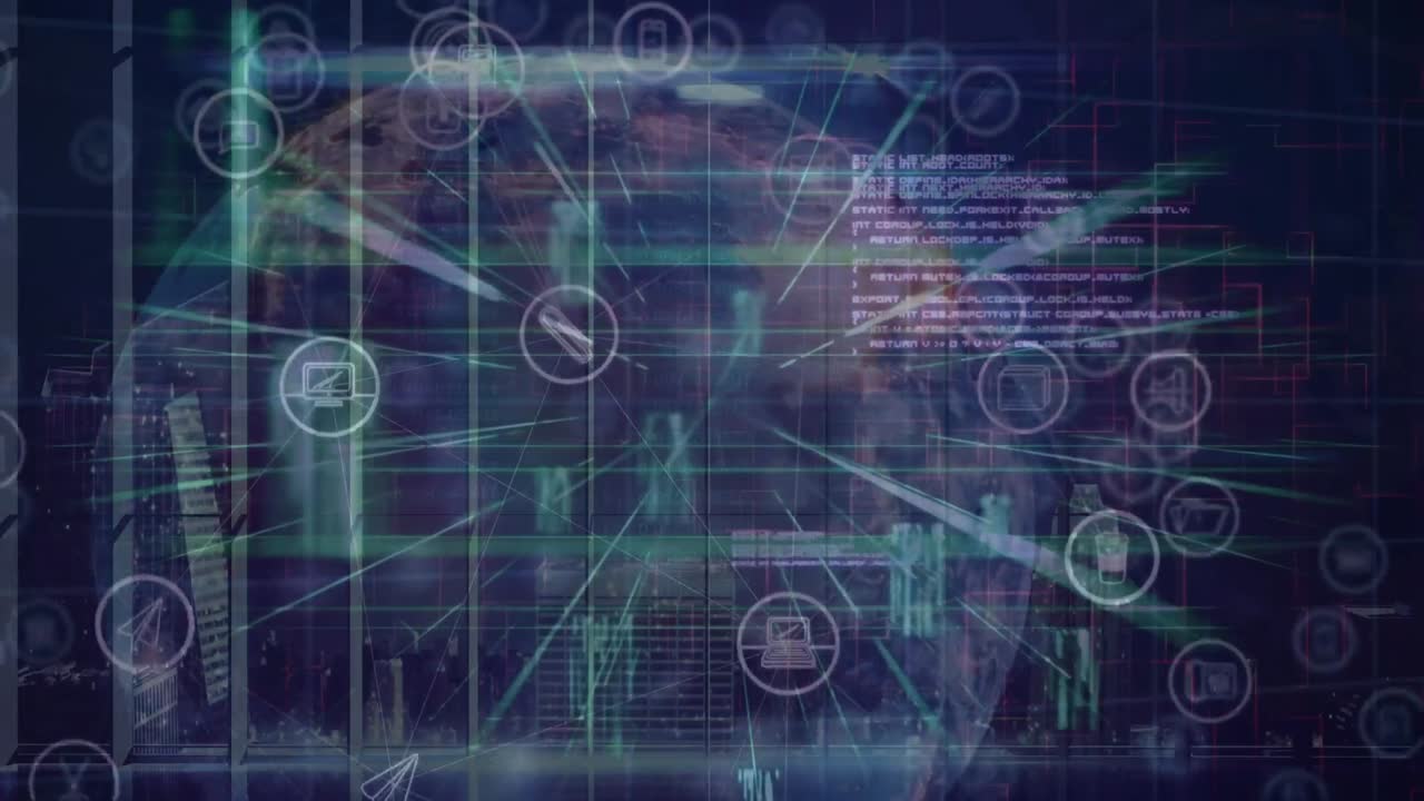 Animation of network of connections and data processing over dark background